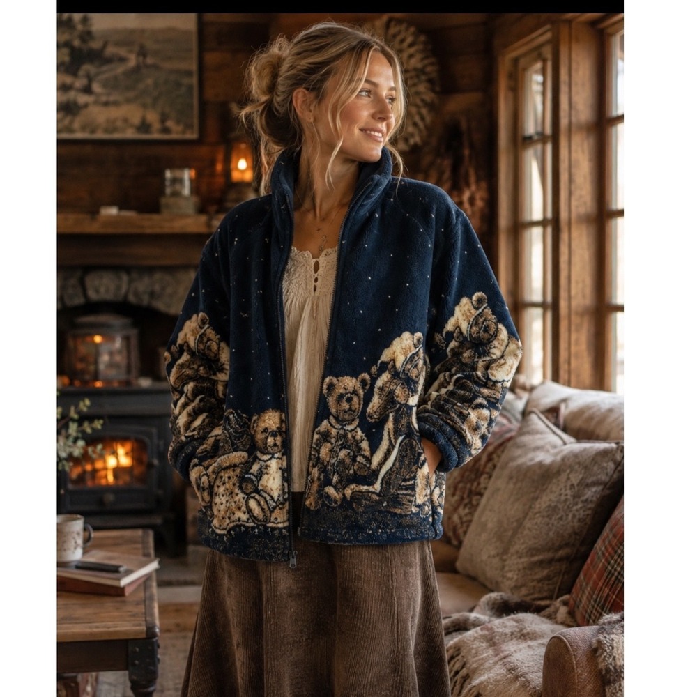Cobblestone Canyon Vintage Teddy Bear Fleece Jacket Navy Blue Full Zip Large USA
